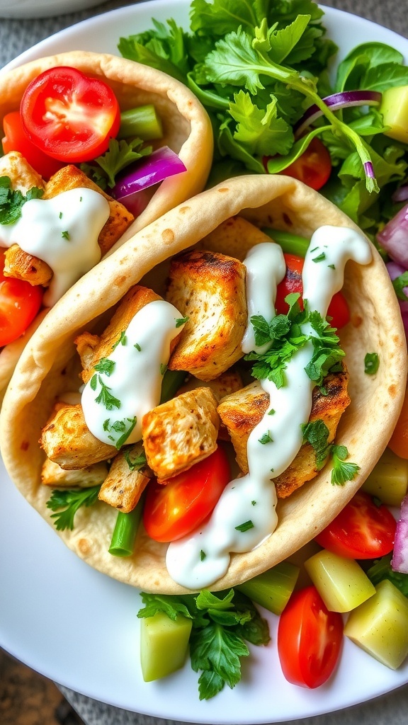 Stuffed pita bread with grilled chicken and vegetables, served with tzatziki sauce and a fresh salad.